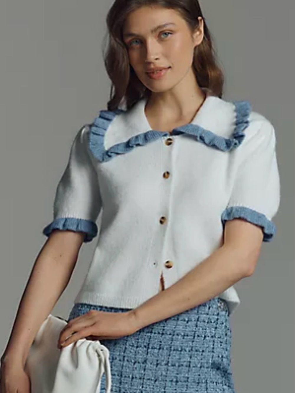 Anthro Self Contrast Ainsley White Knit Button-Up Top with Blue Trim XL